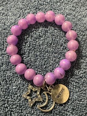 Vintage Lavender Glass Beaded Bracelet with Rhinestone Star Moon & "WISH" Charms